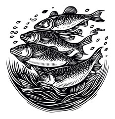 Intricate Engraving of Swimming Fish in Black and White Design