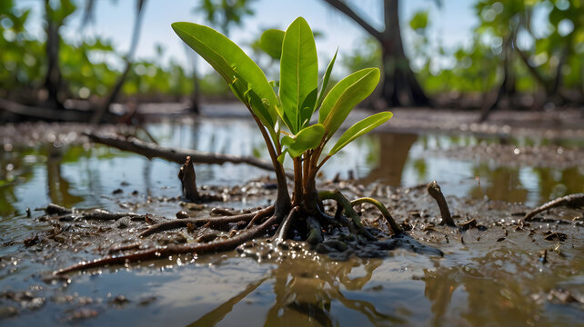 A mangrove propagule starting to sprout roots in the water.