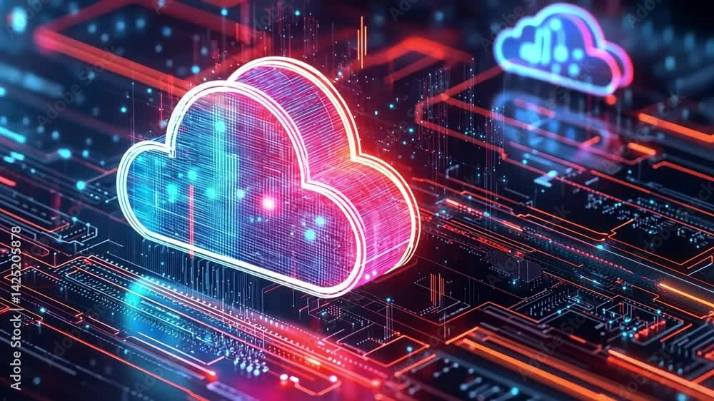 Poster digital cloud technology with glowing data visualization