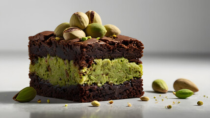 A slice of pistachio brownie on a clean white background.