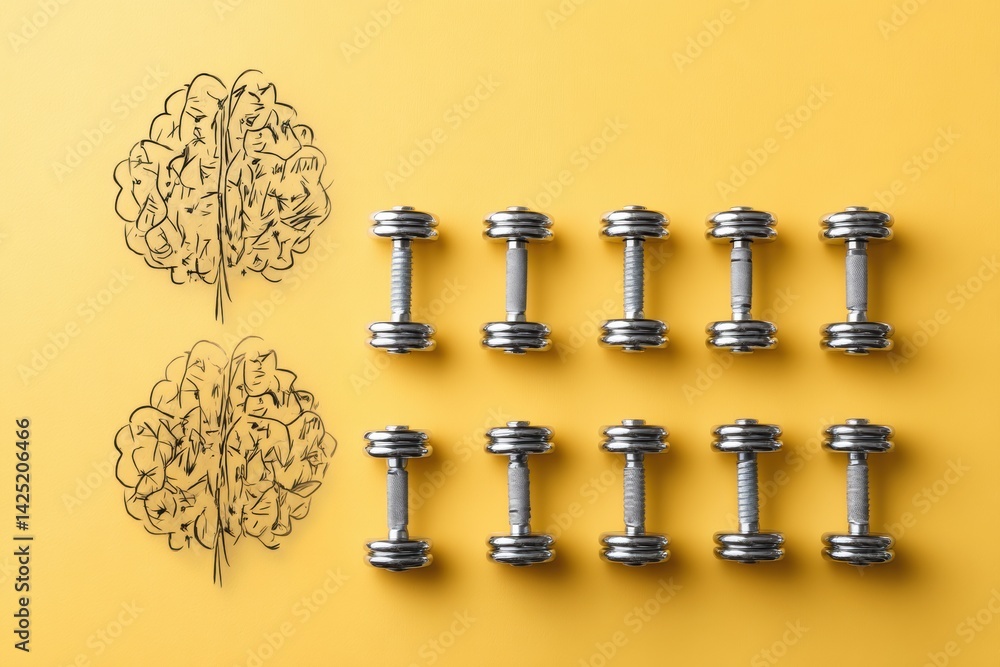 Aufkleber brain engages in mental training with dumbbells on bright yellow background showcasing the importanc