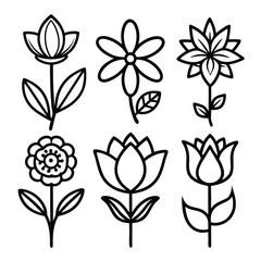 Simple Black Line Art Flower Icon Set – Minimal Vector Floral Collection

