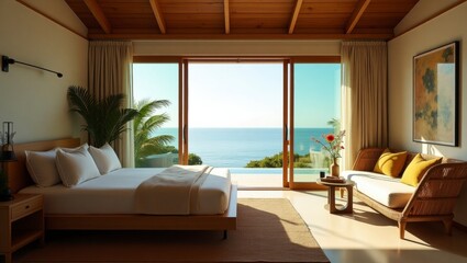 Fototapeta premium Sophisticated bedroom featuring inviting views of nature with tropical decor for an elegant and relaxing atmosphere