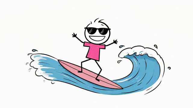 Joyful Stick Figure Surfer Riding a Blue Wave