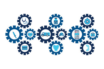 Health care icons with connected gears vector design 