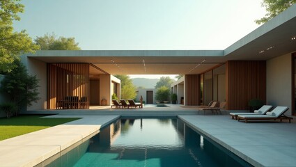 Fototapeta premium Modern pool area with comfortable lounge chair surrounded by serene environment and vibrant colors for relaxation