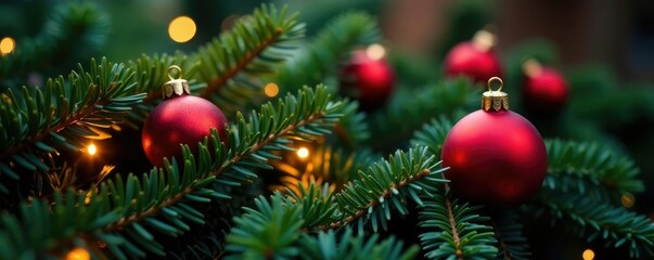 Decorated evergreen branch with ornaments and lights on a Christmas background, xmas, christmas decorations, mistletoe