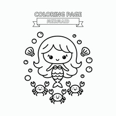 Cute Cartoon Mermaid with Jellyfish and Crabs – Black and White Coloring Page.