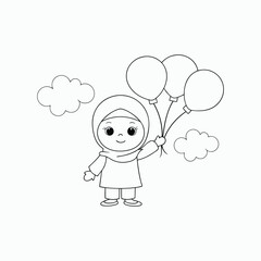 Smiling Girl in Hijab with Balloons – Black and White Line Drawing Coloring Page. girl with balloons