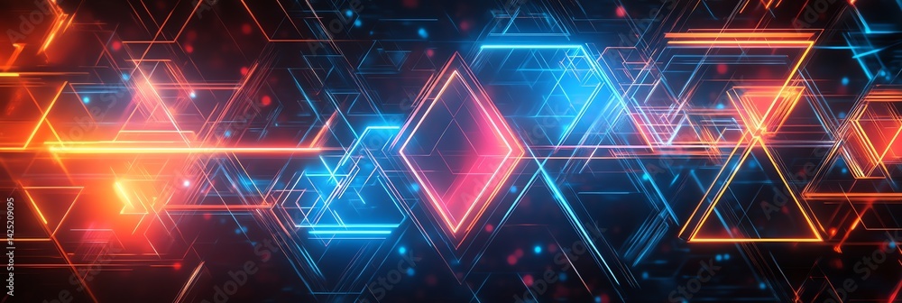 Poster abstract neon glowing geometric shapes with lines and dots technology background