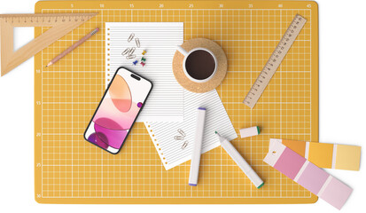 cutting board with smartphone, cup of tea, markers, rulers, and palettes