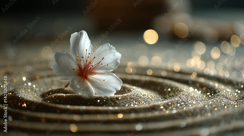 Poster a white flower lying on a surface covered with sand. the sand forms concentric circles around the fl