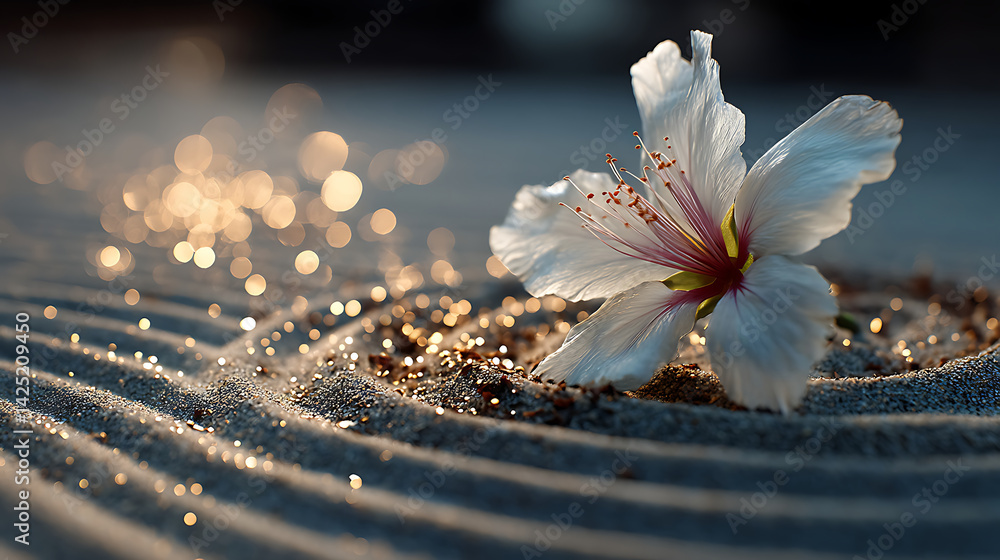 Poster a white flower lying on a surface covered with sand. the sand forms concentric circles around the fl