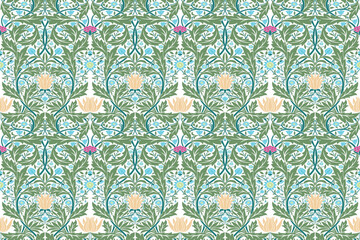 seamless floral pattern in damask style motifs suitable for wallpaper, curtain, clothing, textile, tile and fabric design isolated illustration vector archive EPS file.