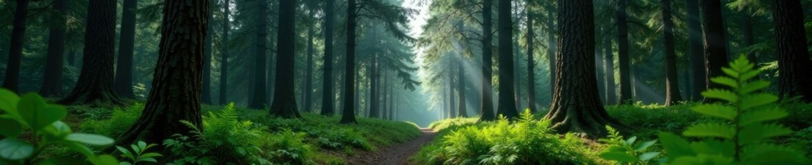 Forest atmosphere with tall pine trees and ferns, pine tree, forest