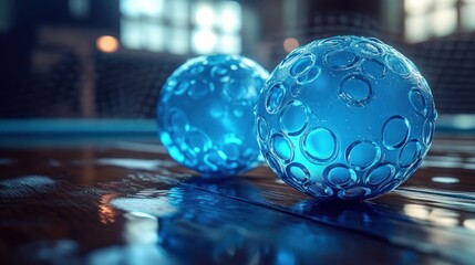 Two glowing, translucent blue orbs on a wooden surface