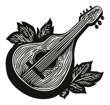 black and white mandolin with leaves clip art preview