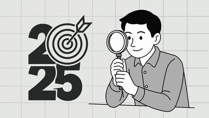 Illustration of a middle-aged man with magnifying glass, observing a target symbol. Grayscale...