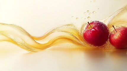 Two Red Apples Splashing in Golden Apple Juice Wave Fresh Fruit and Refreshing Drink Concept