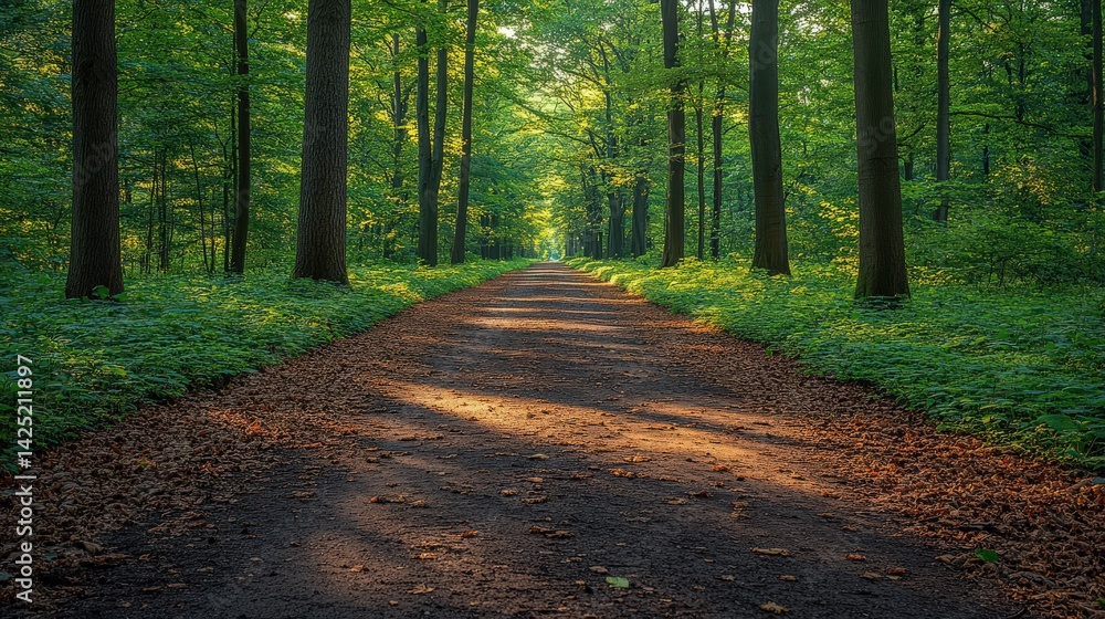 Aufkleber sunlight filtering through tranquil forest path lined with verdant foliage