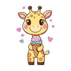 Cute Cartoon Giraffe Enjoying an Ice Cream Cone with Hearts