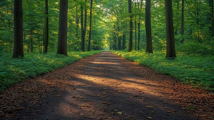 Obraz premium Sunlight filtering through tranquil forest path lined with verdant foliage