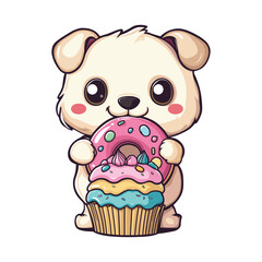 Cute Cartoon Dog Eating a Donut and Cupcake