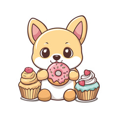 Cute Corgi enjoying a donut and cupcakes