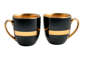 Elegant black and gold mugs perfect for coffee or tea stylish kitchenware modern design luxurious feel sophisticated tableware rich colors on transparent background