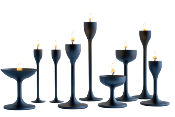 Elegant dark teal candlesticks with flickering flames create a serene ambiance in a dramatic black background A stylish home decor or on transparent background