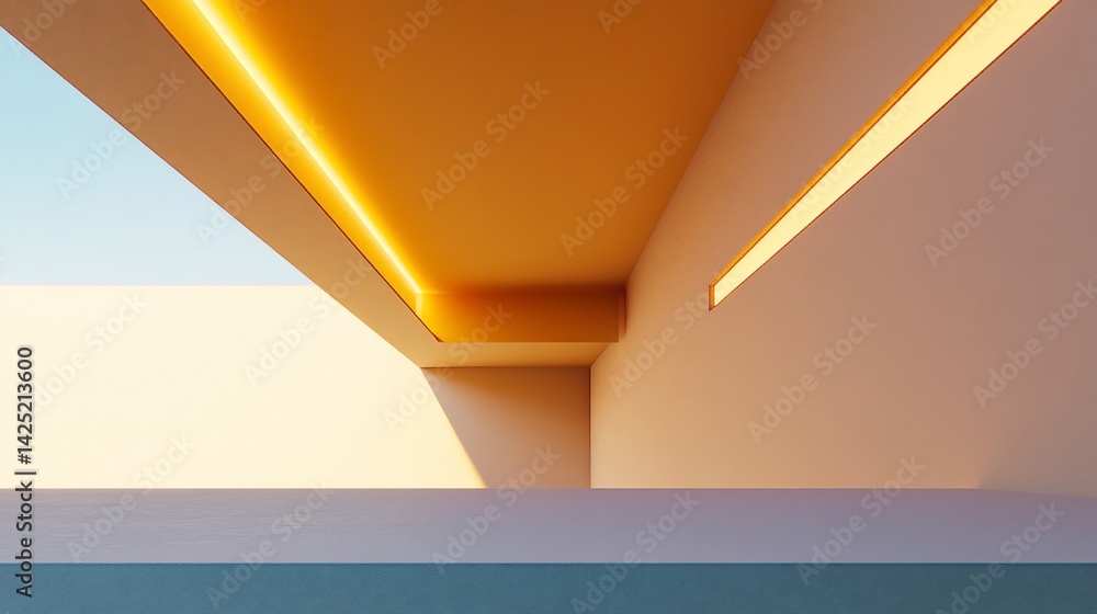 Poster abstract architecture featuring warm-toned ceiling lights and geometric forms in a minimalist design