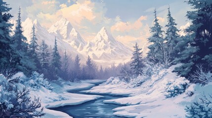 A snow-covered mountain stream running through a tranquil winter forest.