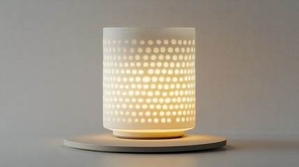 Elegant, cylindrical ceramic table lamp with a repeating dot pattern, casting soft light
