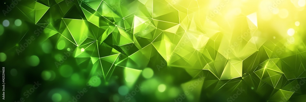 Poster green geometric abstract background with triangles and bokeh lights effect