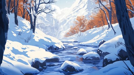 A snow-covered mountain stream running through a tranquil winter forest.