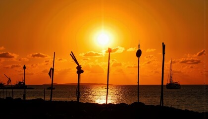 Obraz premium Sunset over Water with Silhouettes of Masts and Poles 