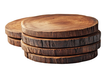 Fototapeta premium Rustic Stack of Wooden Coasters Natural Wood Slices Dark Background Textured Detailed on transparent background