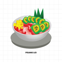 A bowl of Es Pisang Ijo, a traditional Makassar dessert made of bananas wrapped in green dough, topped with pink syrup, white custard, and jackfruit slices, served in a white bowl.