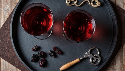 Red wine glasses with blackberries on a dark tray  