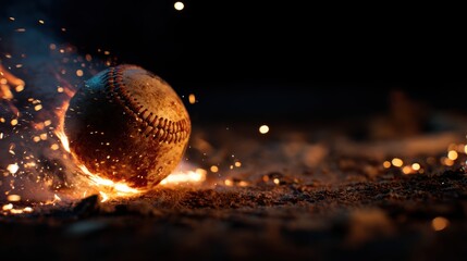 Flying baseball in flames on black background,Hot baseball ball in fires flame,Closeup Baseball player hitting ball with bat,home run,baseball field with grandstand,sport day,space for text.