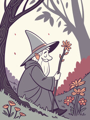 Whimsical Wizard in Forest: Cartoon Illustration of a Smiling Old Man with a Staff, Wearing a Hat and Robe, Surrounded by Flowers and Trees