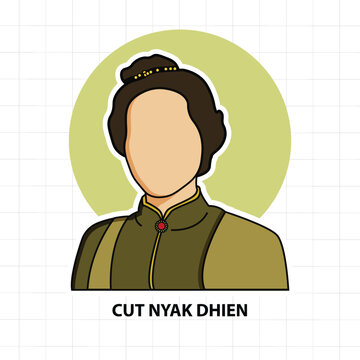 Illustration of Cut Nyak Dien, Aceh's resistance leader, in traditional warrior attire with a fierce expression.