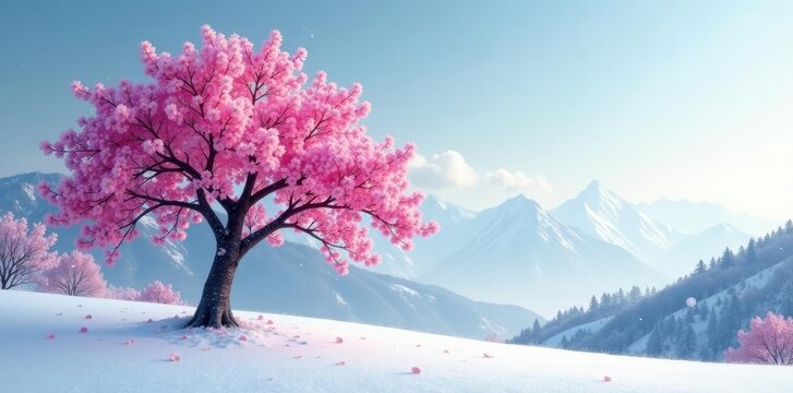 Pink cherry blossom tree against cold winter sky, winter, pink