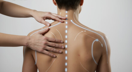 Hands massaging man back with glowing lines indicating spine and muscle structure. Chiropractic therapy concept for pain relief, posture correction healthcare promotion for medical centers