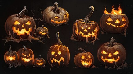 Spooky jack-o'-lanterns, various designs, glowing eyes