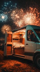 Camper Van Interior Cozy Night Fireworks Display Celebration Travel Adventure