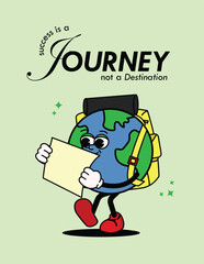 An illustration of Earth carrying a backpack and holding a map, with a cheerful expression and red shoes, representing the ongoing journey towards success