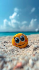 Obraz premium Happy Smiley Face Toy on Sunny Beach Sand Summer Vacation Fun