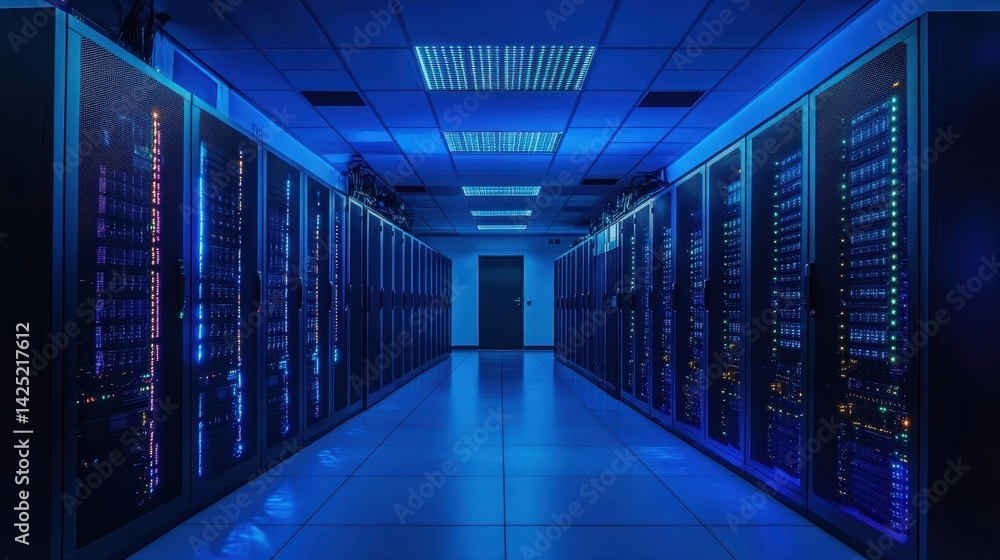 Aufkleber server room illuminated with blue light, data center infrastructure. use it to illustrate cloud comp