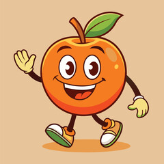 Groovy orange mascot. Funky retro character. cartoon apple, smiling, walking. Funny vintage trendy style character. Doodle Comic collection 